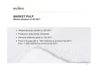 MARKET PULP
Market situation in Q3 2011




  • Weakened pulp market vs. Q2 2011
  • Producers’ pulp stocks increased
  • Demand relatively good vs. Q2 2011
  • Price in Europe fell to ~950 USD/tonne at end of Q3 2011
    from ~1,025 USD/tonne at end of Q2 2011




                                                               11
 