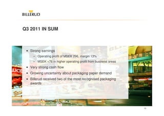 Q3 2011 IN SUM



 • Strong earnings
     ‒ Operating profit of MSEK 296, margin 13%
     ‒ MSEK +76 in higher operating profit from business areas
 • Very strong cash flow
 • Growing uncertainty about packaging paper demand
 • Billerud received two of the most recognised packaging
   awards




                                                                 13
 