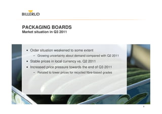 PACKAGING BOARDS
Market situation in Q3 2011




  • Order situation weakened to some extent
      ‒ Growing uncertainty about demand compared with Q2 2011
  • Stable prices in local currency vs. Q2 2011
  • Increased price pressure towards the end of Q3 2011
      ‒ Related to lower prices for recycled fibre-based grades




                                                                  9
 