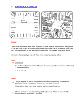 2.4
(a)
Action
Often the holes can be seen on the billet ends during casting. Providing it is compatible with
specification chemistry, increase the aluminum wire feed rate to the strand.
( i )
If the problem is due to a wire feeder being out of service, plug-off the strand.
SUBSURFACE BLOWHOLES
General
These voids are intercolumnar grain, elongated 5-20mm length in the direction of grain growth.
If they reach the surface or are sufficiently close to the surface that upon reheating of the billet
they will be exposed to air and react to form oxide scale, then they will cause a rod defect.
( ii )
Often the steel may be seen to be rimming slightly in the mould. If this is the case, check the
aluminum feed rate and increase if necessary.
General case
The result of insufficient deoxidation of the steel, the excess oxygen being evolved on solidification (
i.e. the steeel rimming.)
C + O ⇄ CO
Formation of an oxide layer prevents these holes welduing up during rolling.
Cause
 