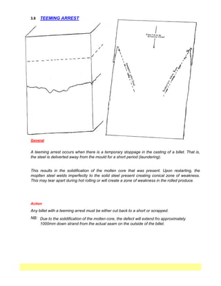 3.8
NB:
Action
Due to the solidification of the molten core, the defect will extend fro approximately
1000mm down strand from the actual seam on the outside of the billet.
Any billet with a teeming arrest must be either cut back to a short or scrapped.
TEEMING ARREST
General
A teeming arrest occurs when there is a temporary stoppage in the casting of a billet. That is,
the steel is deliverted away from the mould for a short period (laundering).
This results in the solidification of the molten core that was present. Upon restarting, the
moplten steel welds imperfectly to the solid steel present creating conical zone of weakness.
This may tear apart during hot rolling or will create a zone of weakness in the rolled produce.
 