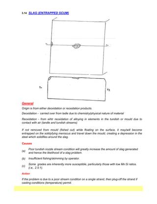 3.14
(b)
Action
Causes
Origin is from either deoxidation or reoxidation products.
Deoxidation - carried over from ladle due to chemistry/physical nature of material
Reoxidation - from eihtr reoxidation of alloying in elements in the tundish or mould due to
contact with air (landle and tundish streams)
If not removed from mould (fished out) while floating on the surface, it may/will become
entrapped on the solidyfying meniscus and travel down the mould, creating a depression in the
steel which solidifies around the slag.
(c)
If the problem is due to a poor stream condition on a single strand, then plug-off the strand if
casting conditions (temperature) permit.
(a)
Poor tundish nozzle stream condition will greatly increase the amount of slag generated
and hence the likelihood of a slag problem.
Insufficient fishing/skimming by operator.
Some grades are inherently more susceptible, particularly those with low Mn:Si ratios.
(i.e,. 2.5:1).
General
SLAG (ENTRAPPED SCUM)
 