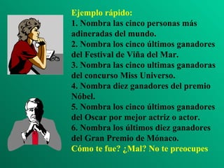 Ejemplo rápido: 1. Nombra las cinco personas más adineradas del mundo. 2. Nombra los cinco últimos ganadores del Festival de Viña del Mar. 3. Nombra las cinco ultimas ganadoras del concurso Miss Universo. 4. Nombra diez ganadores del premio Nóbel. 5. Nombra los cinco últimos ganadores del Oscar por mejor actriz o actor. 6. Nombra los últimos diez ganadores del Gran Premio de Mónaco. Cómo te fue? ¿Mal? No te preocupes 