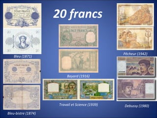 20 francs
Bleu (1871)
Bleu-bistre (1874)
Bayard (1916)
Travail et Science (1939)
Pêcheur (1942)
Debussy (1980)
 
