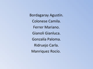 Bordagaray Agustín.
Colonese Camila.
Ferrer Mariano.
Gianoli Gianluca.
Gonzalía Paloma.
Ridruejo Carla.
Manriquez Rocío.
 