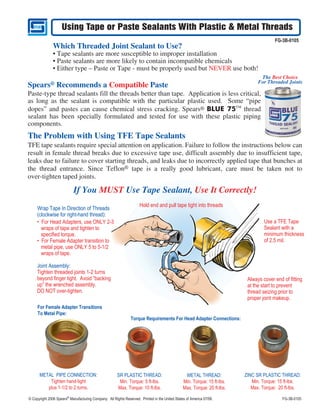 Using Tape or Paste Sealants With Plastic & Metal Threads
                                                                                                                                        FG-3B-0105
               Which Threaded Joint Sealant to Use?
               • Tape sealants are more susceptible to improper installation
               • Paste sealants are more likely to contain incompatible chemicals
               • Either type – Paste or Tape - must be properly used but NEVER use both!
                                                                                                                                 The Best Choice
                                                                                                                                For Threaded Joints
Spears®          Recommends a Compatible Paste
Paste-type thread sealants fill the threads better than tape. Application is less critical,
as long as the sealant is compatible with the particular plastic used. Some “pipe
dopes” and pastes can cause chemical stress cracking. Spears® BLUE 75™ thread
sealant has been specially formulated and tested for use with these plastic piping
components.
The Problem with Using TFE Tape Sealants
TFE tape sealants require special attention on application. Failure to follow the instructions below can
result in female thread breaks due to excessive tape use, difficult assembly due to insufficient tape,
leaks due to failure to cover starting threads, and leaks due to incorrectly applied tape that bunches at
the thread entrance. Since Teflon® tape is a really good lubricant, care must be taken not to
over-tighten taped joints.

                            If You MUST Use Tape Sealant, Use It Correctly!
                                                                     Hold end and pull tape tight into threads
     Wrap Tape In Direction of Threads
     (clockwise for right-hand thread):
     • For Head Adapters, use ONLY 2-3                                                                                             Use a TFE Tape
       wraps of tape and tighten to                                                                                                Sealant with a
       specified torque.                                                                                                           minimum thickness
     • For Female Adapter transition to                                                                                            of 2.5 mil.
       metal pipe, use ONLY 5 to 5-1/2
       wraps of tape.

     Joint Assembly:
     Tighten threaded joints 1-2 turns
     beyond finger tight. Avoid “backing                                                                                   Always cover end of fitting
     up” the wrenched assembly.                                                                                            at the start to prevent
     DO NOT over-tighten.                                                                                                  thread seizing prior to
                                                                                                                           proper joint makeup.
     For Female Adapter Transitions
     To Metal Pipe:
                                                               Torque Requirements For Head Adapter Connections:




      METAL PIPE CONNECTION:                           SR PLASTIC THREAD:                        METAL THREAD:            ZINC SR PLASTIC THREAD:
          Tighten hand-tight                            Min. Torque: 5 ft-lbs.                  Min. Torque: 15 ft-lbs.      Min. Torque: 15 ft-lbs.
         plus 1-1/2 to 2 turns.                        Max. Torque: 10 ft-lbs.                  Max. Torque: 20 ft-lbs.      Max. Torque: 20 ft-lbs.

© Copyright 2006 Spears® Manufacturing Company. All Rights Reserved. Printed in the United States of America 07/06.                         FG-3B-0105
 