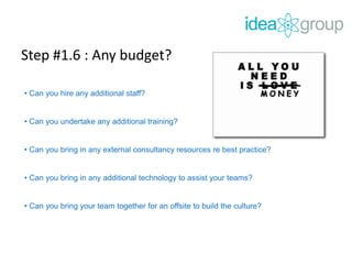 Step #1.6 : Any budget?
• Can you hire any additional staff?
• Can you undertake any additional training?
• Can you bring in any external consultancy resources re best practice?
• Can you bring in any additional technology to assist your teams?
• Can you bring your team together for an offsite to build the culture?
 