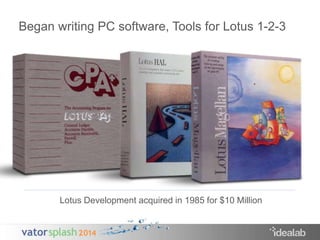 Began writing PC software, Tools for Lotus 1-2-3 
Lotus Development acquired in 1985 for $10 Million 
 