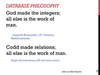 DATABASE PHILOSOPHY
16
God made the integers;
all else is the work of
man.
- Leopold Kronecker, 19th Century
Mathematician
slide src: Mike Franklin
Codd made relations;
all else is the work of man.
- Raghu Ramakrishnan, DB text book author
 