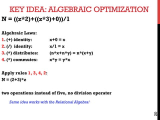 KEY IDEA:ALGEBRAIC OPTIMIZATION
20
N = ((z*2)+((z*3)+0))/1
Algebraic Laws:
1. (+) identity: x+0 = x
2. (/) identity: x/1 = x
3. (*) distributes: (n*x+n*y) = n*(x+y)
4. (*) commutes: x*y = y*x
Apply rules 1, 3, 4, 2:
N = (2+3)*z
two operations instead of five, no division operator
Same idea works with the Relational Algebra!
 