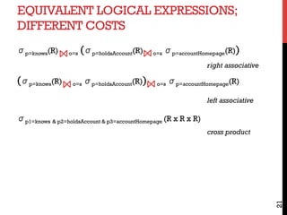 EQUIVALENT LOGICAL EXPRESSIONS;
DIFFERENT COSTS
21
σp=knows(R) o=s (σp=holdsAccount(R) o=s σp=accountHomepage(R))
(σp=knows(R) o=s σp=holdsAccount(R)) o=s σp=accountHomepage(R)
σp1=knows & p2=holdsAccount & p3=accountHomepage (R x R x R)
right associative
left associative
cross product
 