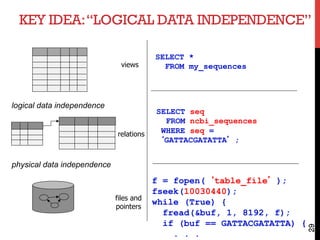 KEY IDEA:“LOGICAL DATA INDEPENDENCE”
29
physical data independence
logical data independence
files and
pointers
relations
views
SELECT *
FROM my_sequences
SELECT seq
FROM ncbi_sequences
WHERE seq =
‘GATTACGATATTA’;
f = fopen(‘table_file’);
fseek(10030440);
while (True) {
fread(&buf, 1, 8192, f);
if (buf == GATTACGATATTA) {
. . .
 