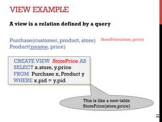 VIEW EXAMPLE
A view is a relation defined by a query
31
CREATE VIEW StorePrice AS
SELECT x.store, y.price
FROM Purchase x, Product y
WHERE x.pid = y.pid
This is like a new table
StorePrice(store,price)
Purchase(customer, product, store)
Product(pname, price)
StorePrice(store, price)
 