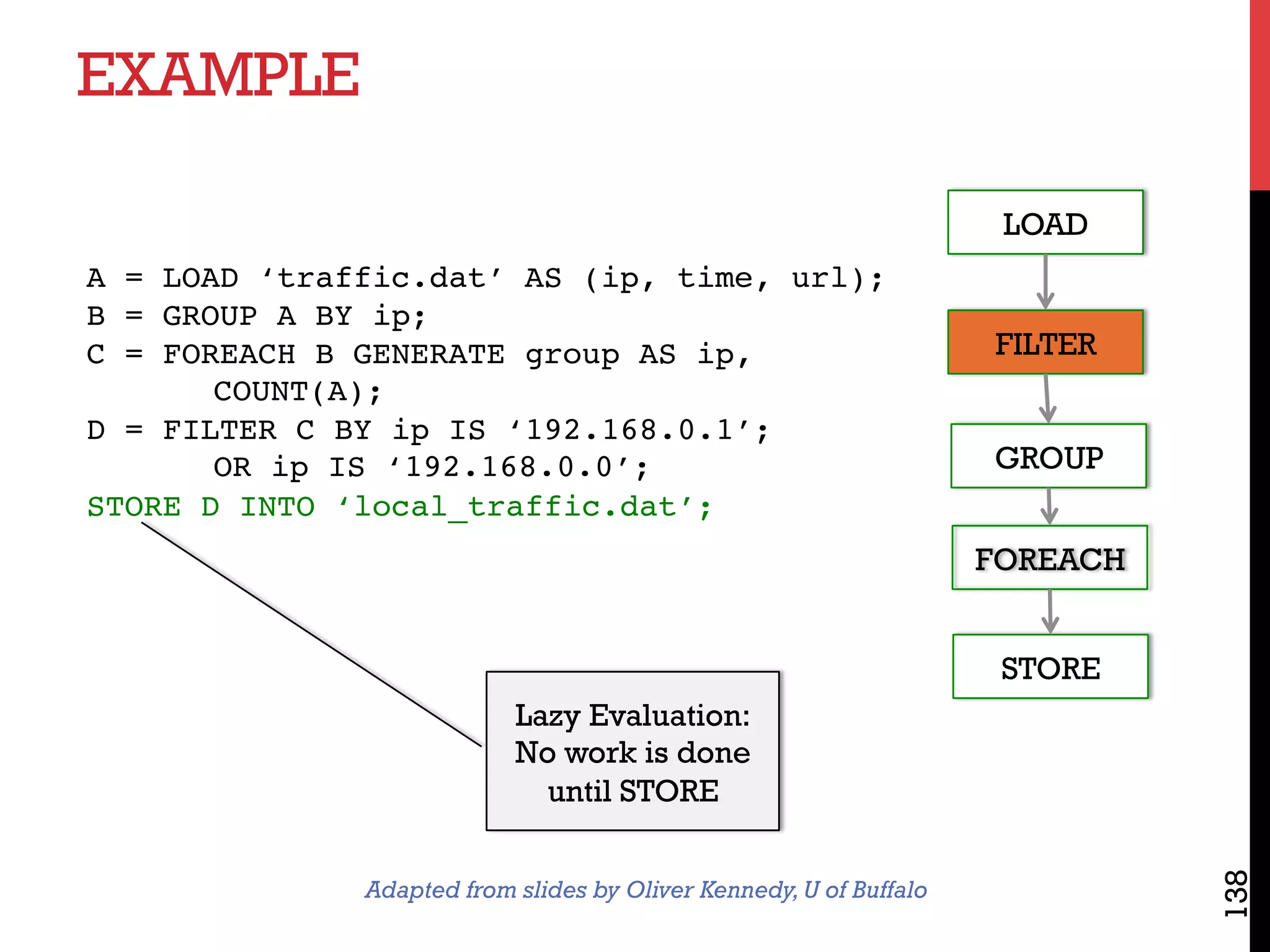 EXAMPLE
138
A = LOAD ‘traffic.dat’ AS (ip, time, url);
B = GROUP A BY ip;
C = FOREACH B GENERATE group AS ip, 
COUNT(A);
D = FILTER C BY ip IS ‘192.168.0.1’;
OR ip IS ‘192.168.0.0’;
STORE D INTO ‘local_traffic.dat’;
Lazy Evaluation:
No work is done
until STORE
LOAD
FILTER
GROUP
FOREACH
STORE
Adapted from slides by Oliver Kennedy,U of Buffalo
 