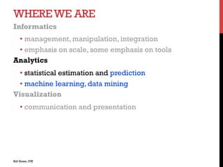 WHEREWE ARE
Informatics
• management, manipulation, integration
• emphasis on scale, some emphasis on tools
Analytics
• statistical estimation and prediction
• machine learning, data mining
Visualization
• communication and presentation
Bill Howe, UW
 
