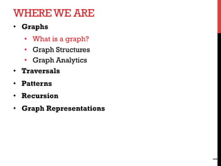 WHEREWE ARE
•  Graphs
•  What is a graph?
•  Graph Structures
•  Graph Analytics
•  Traversals
•  Patterns
•  Recursion
•  Graph Representations
1
 