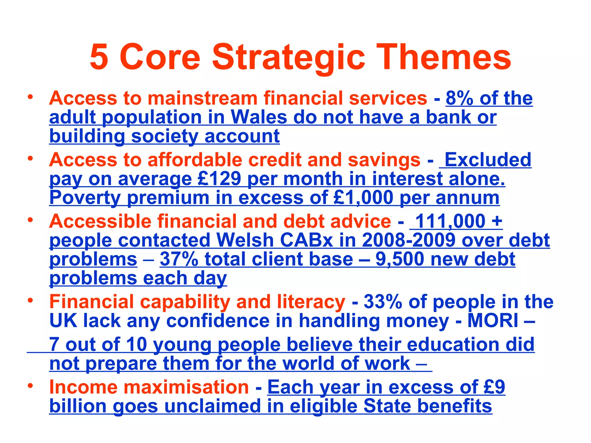 5 Core Strategic Themes Access to mainstream financial services   -  8% of the adult population in Wales do not have a bank or building society account   Access to affordable credit and savings   -  Excluded pay on average £129 per month in interest alone. Poverty premium in excess of £1,000 per annum Accessible financial and debt advice   -  111,000 + people contacted Welsh CABx in 2008-2009 over debt problems  –  37% total client base – 9,500 new debt problems each day Financial capability and literacy   - 33% of people in the UK lack any confidence in handling money - MORI –  7 out of 10 young people believe their education did not prepare them for the world of work  –  Income maximisation   -  Each year in excess of £9 billion goes unclaimed in eligible State benefits 
