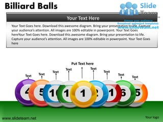 Billiard Balls
                                         Your Text Here
    Your Text Goes here. Download this awesome diagram. Bring your presentation to life. Capture
    your audience’s attention. All images are 100% editable in powerpoint. Your Text Goes
    hereYour Text Goes here. Download this awesome diagram. Bring your presentation to life.
    Capture your audience’s attention. All images are 100% editable in powerpoint. Your Text Goes
    here




                                            Put Text here
                                        Text            Text
                               Text                              Text
             Text     Text                                                 Text
                                                                                    Text



            4 5 10 14 1 2 11 6 15

www.slideteam.net                                                                            Your logo
 