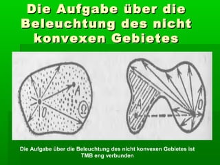 Die Aufgabe über die
Beleuchtung des nicht
  konvexen Gebietes




Die Aufgabe über die Beleuchtung des nicht konvexen Gebietes ist
                      TMB eng verbunden
 