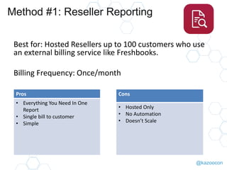 @kazoocon
Method #1: Reseller Reporting
Best for: Hosted Resellers up to 100 customers who use
an external billing service like Freshbooks.
Billing Frequency: Once/month
Pros
• Everything You Need In One
Report
• Single bill to customer
• Simple
Cons
• Hosted Only
• No Automation
• Doesn’t Scale
 