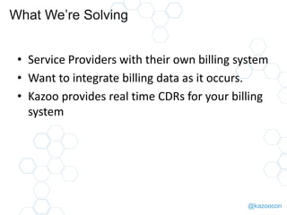 @kazoocon
What We’re Solving
• Service Providers with their own billing system
• Want to integrate billing data as it occurs.
• Kazoo provides real time CDRs for your billing
system
 