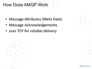 @kazoocon
How Does AMQP Work
• Message Attributes (Meta Data)
• Message Acknowledgements
• uses TCP for reliable delivery
 