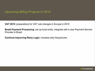 Upcoming Billing Projects in 2014
VAT 2015: preparations for VAT rule changes in Europe in 2015
Brazil Payment Processing: set up local entity, integrate with a new Payment Service
Provider in Brazil
Continue Improving Retry Logic: increase retry frequencies
 