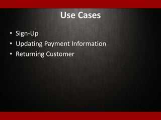Use Cases
• Sign-Up
• Updating Payment Information
• Returning Customer
 