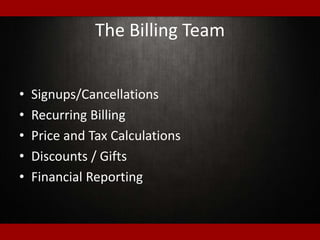 The Billing Team
• Signups/Cancellations
• Recurring Billing
• Price and Tax Calculations
• Discounts / Gifts
• Financial Reporting
 