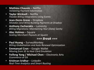 • Mathieu Chauvin – Netflix
Validating Payment Information
• Taylor Wicksell – Netflix
Flexible Billing Integrations Using Events
• Jean-Denis Greze – Dropbox
Mistakes (and Wins) Building Payments at Dropbox
• Anthony Zacharakis – Lumosity
Billing Migrations: Maintaining Your (Data) Sanity
• Alec Holmes – Square
Scaling Merchant Payouts at Square
=== Break ===
• Paul Huang – SurveyMonkey
Billing Globalization and Auto Renewal Optimization
• Emmanuel Cron – Google Wallet
Moving from SE to Host Card Emulation
• Feifeng Yang / Michael Chen – Electronic Arts
Ecommerce at EA
• Krishnan Sridhar – LinkedIn
Real-Time Analytics and Smart Routing
 