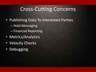 Cross-Cutting Concerns
• Publishing Data To Interested Parties
– Hold Messaging
– Financial Reporting
• Metrics/Analytics
• Velocity Checks
• Debugging
 