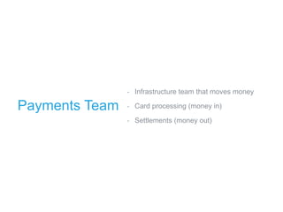 ‣ Infrastructure team that moves money
‣ Card processing (money in)
‣ Settlements (money out)
Payments Team
 