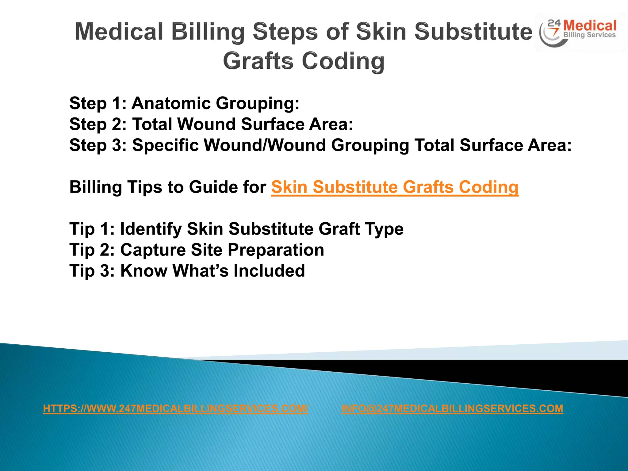 Step 1: Anatomic Grouping:
Step 2: Total Wound Surface Area:
Step 3: Specific Wound/Wound Grouping Total Surface Area:
Billing Tips to Guide for Skin Substitute Grafts Coding
Tip 1: Identify Skin Substitute Graft Type
Tip 2: Capture Site Preparation
Tip 3: Know What’s Included
HTTPS://WWW.247MEDICALBILLINGSERVICES.COM/ INFO@247MEDICALBILLINGSERVICES.COM
 