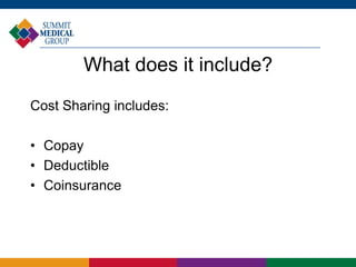 What does it include?
Cost Sharing includes:
• Copay
• Deductible
• Coinsurance
 