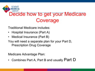 Decide how to get your Medicare
Coverage
Traditional Medicare includes:
• Hospital Insurance (Part A)
• Medical Insurance (Part B)
You will need a separate plan for your Part D,
Prescription Drug Coverage
Medicare Advantage Plan:
• Combines Part A, Part B and usually Part D
 