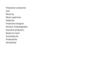 Production companies
Cast
Music by
Music supervisor
Edited by
Production designer
Director of photography
Executive producers
Based on novel
Screenplay by
Produced by
Directed by
 
