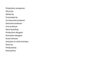 Production companies
Music by
Edited by
Screenplay by
Co-Executive producer
Executive producer
Line producer
Story boarding
Production designer
Animation designer
Guest director
Assistant to chief animator
Story by
Produced by
Directed by
 