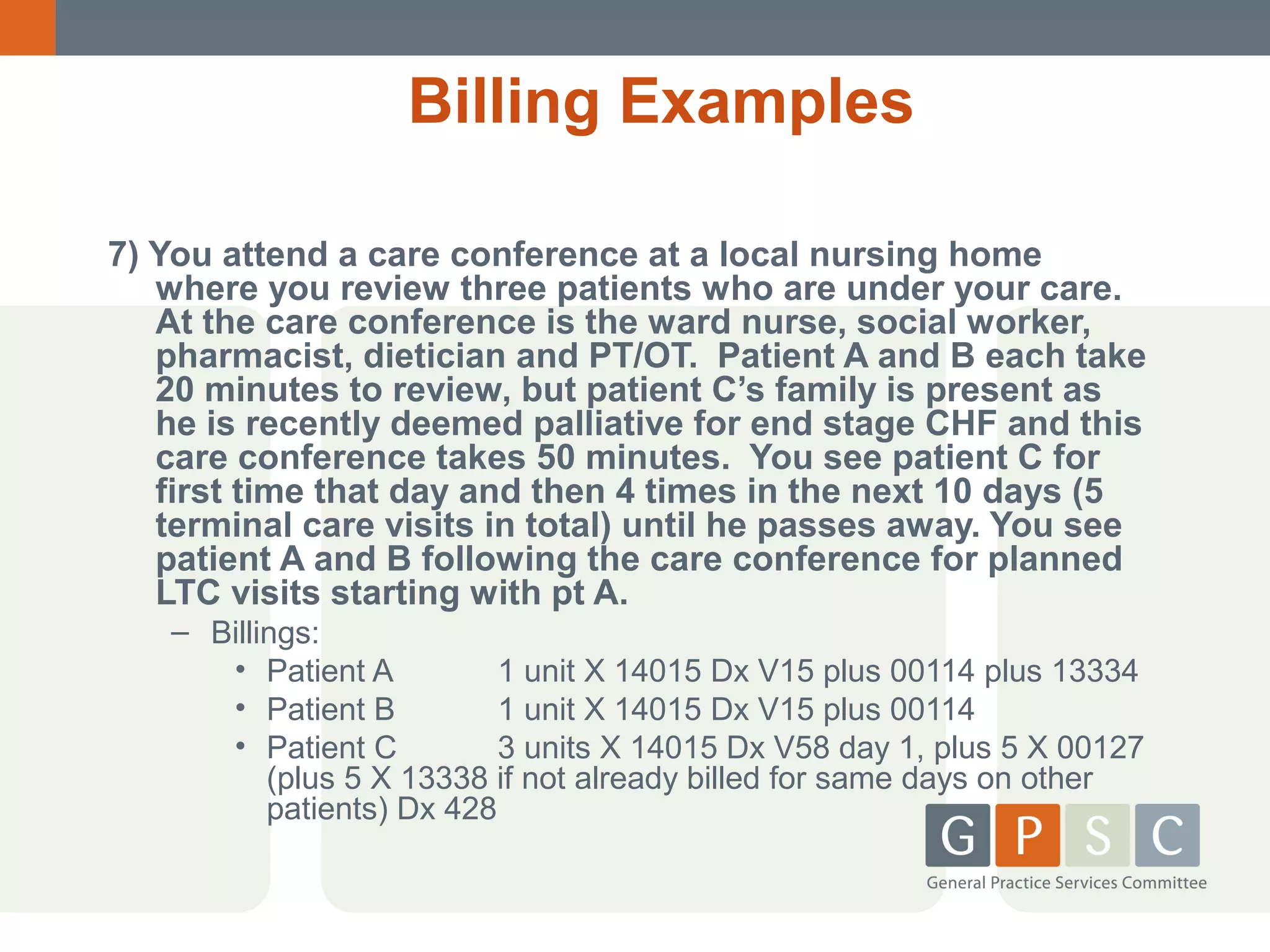 Billing Examples
7) You attend a care conference at a local nursing home
where you review three patients who are under your care.
At the care conference is the ward nurse, social worker,
pharmacist, dietician and PT/OT. Patient A and B each take
20 minutes to review, but patient C’s family is present as
he is recently deemed palliative for end stage CHF and this
care conference takes 50 minutes. You see patient C for
first time that day and then 4 times in the next 10 days (5
terminal care visits in total) until he passes away. You see
patient A and B following the care conference for planned
LTC visits starting with pt A.
– Billings:
• Patient A
1 unit X 14015 Dx V15 plus 00114 plus 13334
• Patient B
1 unit X 14015 Dx V15 plus 00114
• Patient C
3 units X 14015 Dx V58 day 1, plus 5 X 00127
(plus 5 X 13338 if not already billed for same days on other
patients) Dx 428

 