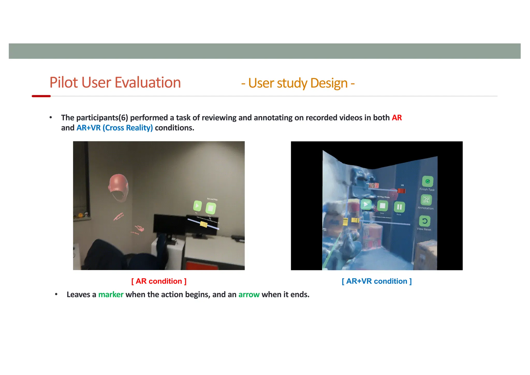 Pilot User Evaluation -User studyDesign-
101
• The participants(6) performed a task of reviewing and annotating on recorded videos in both AR
and AR+VR (Cross Reality) conditions.
• Leaves a marker when the action begins, and an arrow when it ends.
[ AR condition ] [ AR+VR condition ]
 