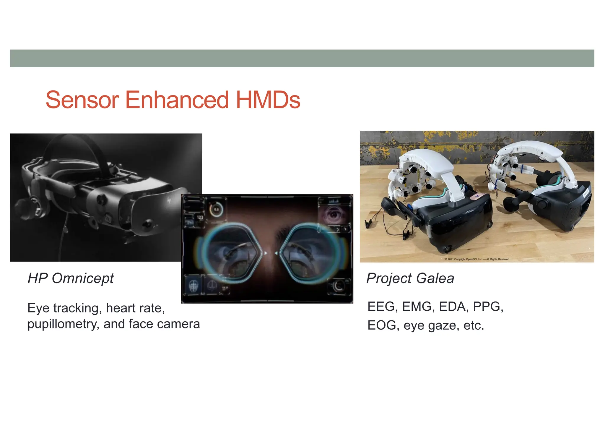 Sensor Enhanced HMDs
Eye tracking, heart rate,
pupillometry, and face camera
HP Omnicept Project Galea
EEG, EMG, EDA, PPG,
EOG, eye gaze, etc.
 