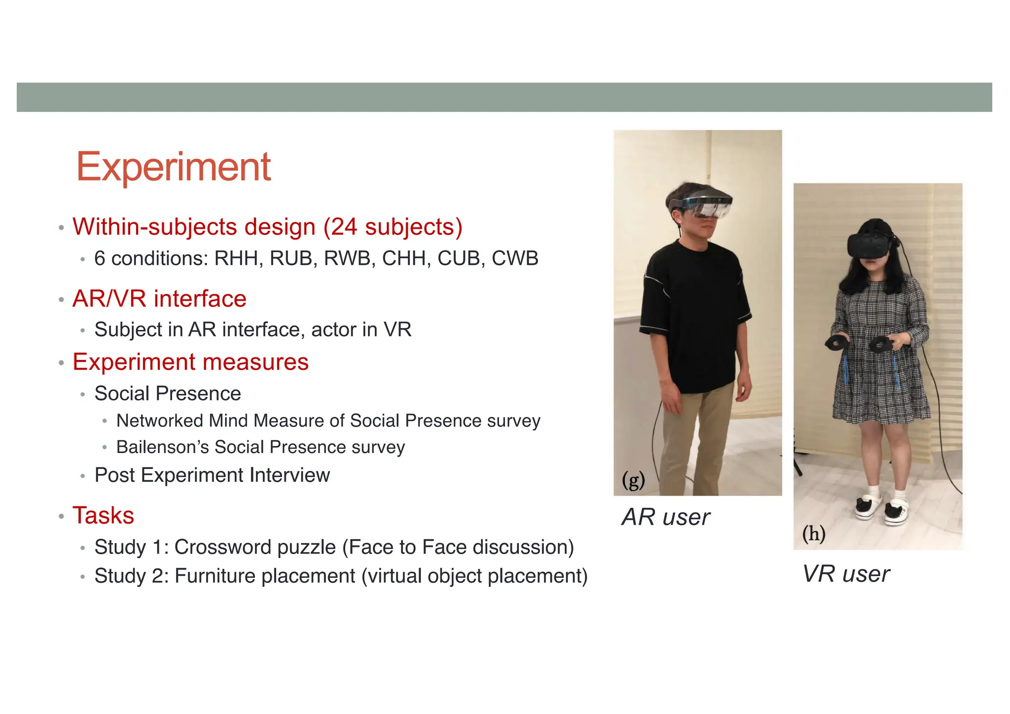 Experiment
• Within-subjects design (24 subjects)
• 6 conditions: RHH, RUB, RWB, CHH, CUB, CWB
• AR/VR interface
• Subject in AR interface, actor in VR
• Experiment measures
• Social Presence
• Networked Mind Measure of Social Presence survey
• Bailenson’s Social Presence survey
• Post Experiment Interview
• Tasks
• Study 1: Crossword puzzle (Face to Face discussion)
• Study 2: Furniture placement (virtual object placement)
AR user
VR user
 