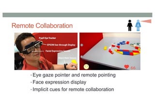 Remote Collaboration
• Eye gaze pointer and remote pointing
• Face expression display
• Implicit cues for remote collaboration
 