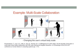 Example: Multi-Scale Collaboration
• Changing the user’s virtual body scale
Piumsomboon, T., Lee, G. A., Irlitti, A., Ens, B., Thomas, B. H., & Billinghurst, M. (2019, May). On the shoulder of the giant: A
multi-scale mixed reality collaboration with 360 video sharing and tangible interaction. In Proceedings of the 2019 CHI
conference on human factors in computing systems (pp. 1-17).
 