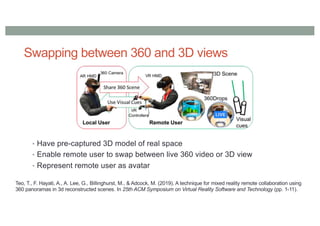 Swapping between 360 and 3D views
• Have pre-captured 3D model of real space
• Enable remote user to swap between live 360 video or 3D view
• Represent remote user as avatar
Teo, T., F. Hayati, A., A. Lee, G., Billinghurst, M., & Adcock, M. (2019). A technique for mixed reality remote collaboration using
360 panoramas in 3d reconstructed scenes. In 25th ACM Symposium on Virtual Reality Software and Technology (pp. 1-11).
 