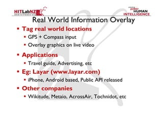 Real World Information Overlay
  Tag real world locations
    GPS + Compass input
    Overlay graphics on live video
  Applications
    Travel guide, Advertising, etc
  Eg: Layar (www.layar.com)
    iPhone, Android based, Public API released
  Other companies
    Wikitude, Metaio, AcrossAir, Tochnidot, etc
 