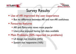 Survey Results
  Use of AR improved the user experience
    But no difference between AR and non-AR usefulness
  Favourite features
    AR and Panorama views most popular
    Users also enjoyed having rich data available
  Main Problems (50% reported no problems)
    UI design not intuitive (24%)
    System not responsive (16%)
 