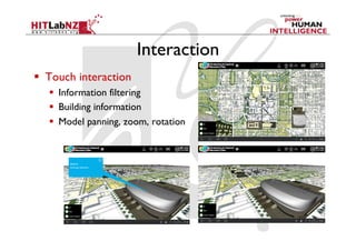 Interaction	
  Touch interaction
     Information filtering
     Building information
     Model panning, zoom, rotation
 