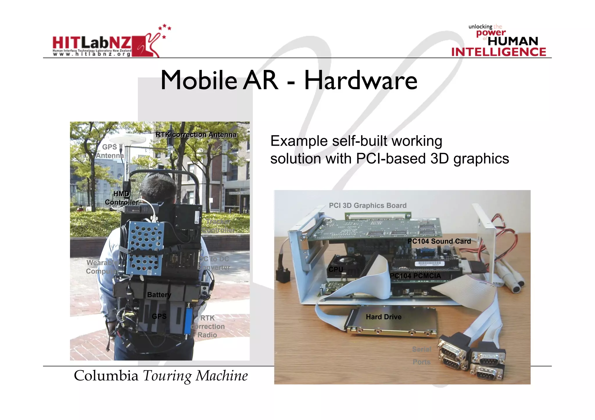 Mobile AR - Hardware

    GPS
                                       Example self-built working
   Antenna
                                       solution with PCI-based 3D graphics


                                               PCI 3D Graphics Board

                           Tracker
                          Controller
                                                                       PC104 Sound Card

                        DC to DC
 Wearable
                        Converter              CPU
 Computer
                                                               PC104 PCMCIA

             Battery


              GPS         RTK                           Hard Drive
                       correction
                         Radio

                                                                        Serial
                                                                        Ports

Columbia Touring Machine
 
