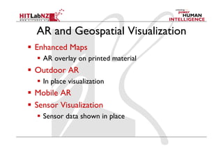 AR and Geospatial Visualization
  Enhanced Maps
    AR overlay on printed material
  Outdoor AR
    In place visualization
  Mobile AR
  Sensor Visualization
    Sensor data shown in place
 