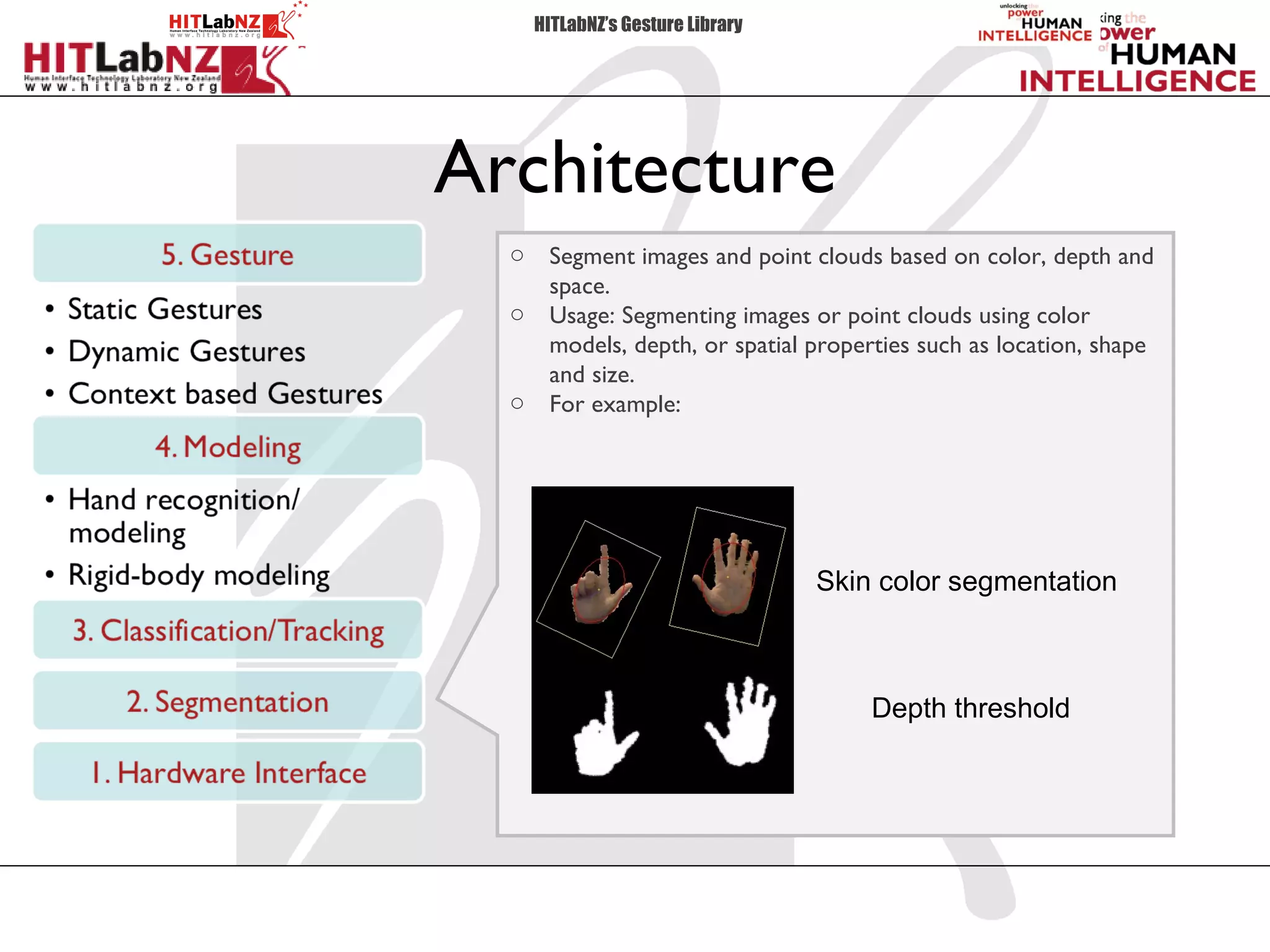 HITLabNZ’s Gesture Library




Architecture
  o    Segment images and point clouds based on color, depth and
       space.
  o    Usage: Segmenting images or point clouds using color
       models, depth, or spatial properties such as location, shape
       and size.
  o    For example:




                                   Skin color segmentation



                                       Depth threshold
 